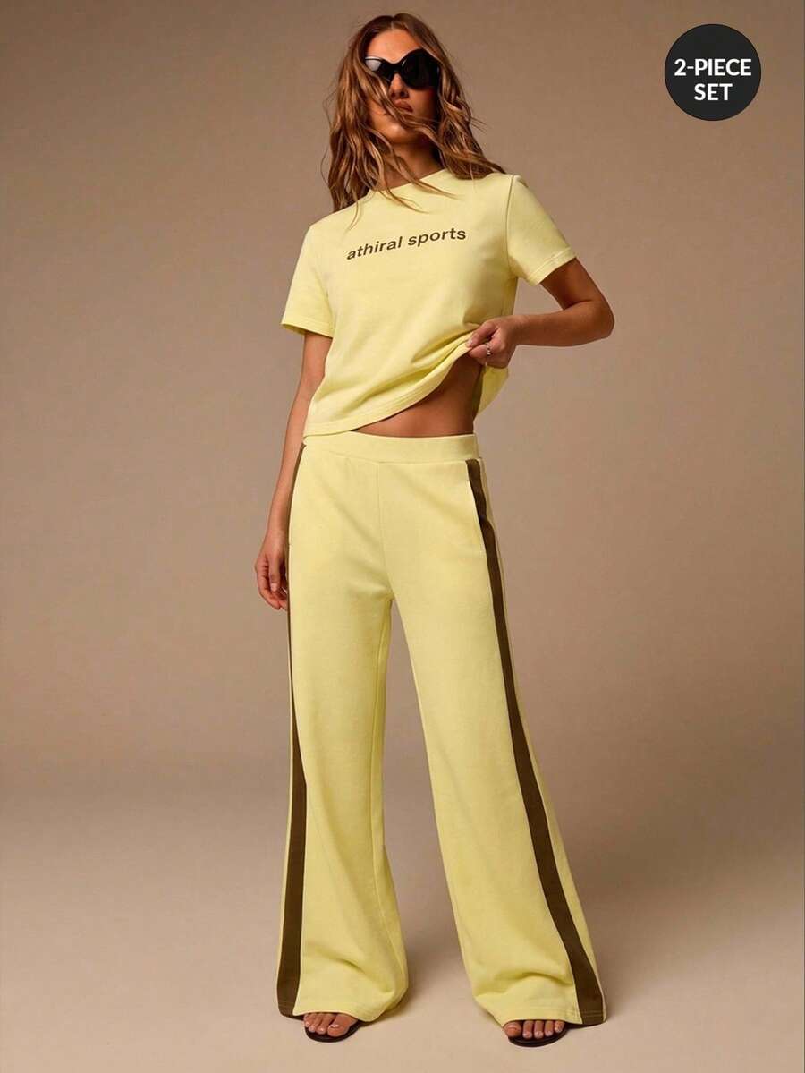 Athîral Women's Casual Letter Embroidered Top Contrast Color Pants Pale Yellow Pastel Yellow 2pcs Set Summer Clothes Going Out Gym Workout Sportswear - Yellow - View 1