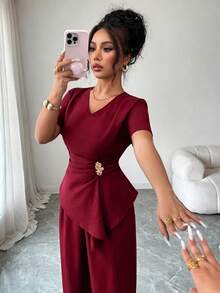 Selianne Women's V-Neck Waist-Cinching Asymmetrical Hem Metal Buckle Short Sleeve Top Straight Leg Pants 2 Pieces Set Summer Elegant Dinner Office Burgundy - Red - View 6