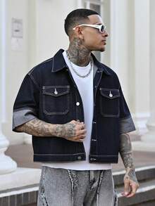 Devon Thys 男士原色牛仔翻领短袖夹克 男士短袖牛仔衬衫 - 深色水洗藍 - 查看 1