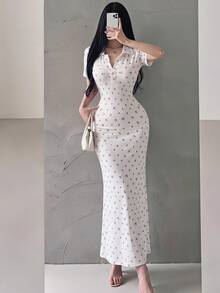 Feyla Women's Vacation Pastoral French Elegant Cute Floral Print Button Half-Placket Dress White Floral Summer Daytime Diner - White - View 3