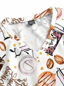 PopScrub Casual Minimalist Scrub Scrub Uniform Top, Coffee & Milk Tea Print Pattern, Suitable For Work Commute, Pet Hospital - Multicolor - View 4