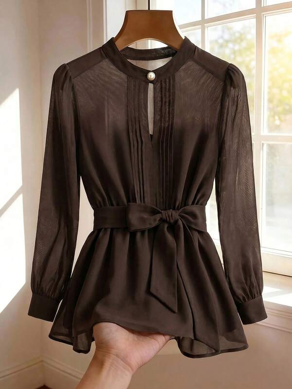 SHEIN Clasi Blusa de manga larga unicolor plisada casual madura diaria elegante para fiesta de día fiesta de té oficina cena noche marrón oscuro verano para mujer