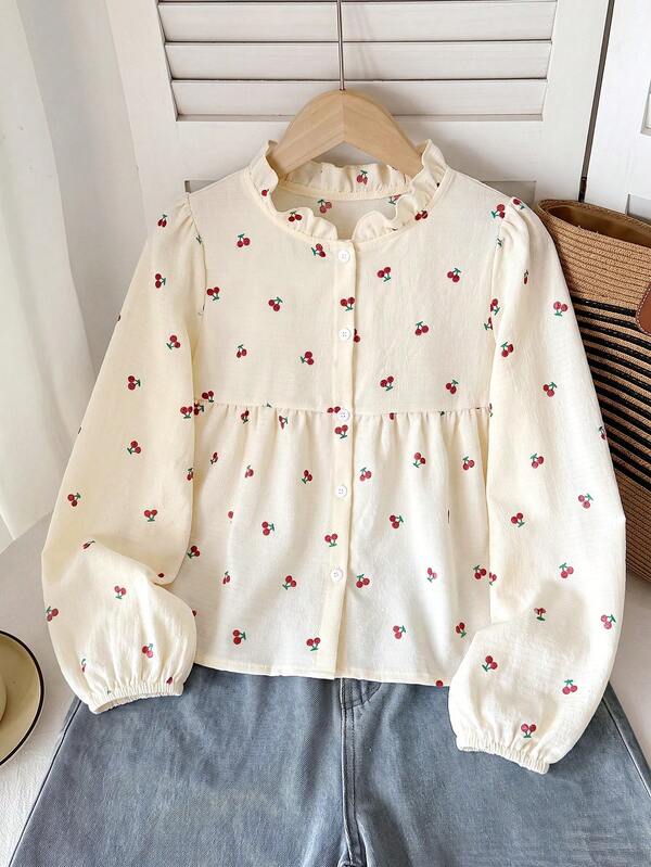 Tween Girls' Loose Casual Minimalist Stand Collar Colorful Heart Print Long Sleeve Shirt, Suitable For Children's Daily Casual, Back To School, School Opening Ceremony, School, Travel And Sports Occasions, Appropriate For Spring And Summer Wear