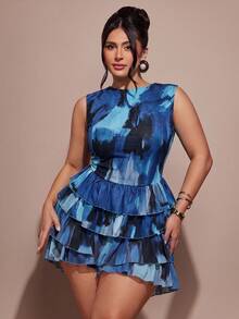 SHEIN BAE Mono sin mangas con volantes multicapa y estampado integral para mujer de talla grande - Azul - Ver 5
