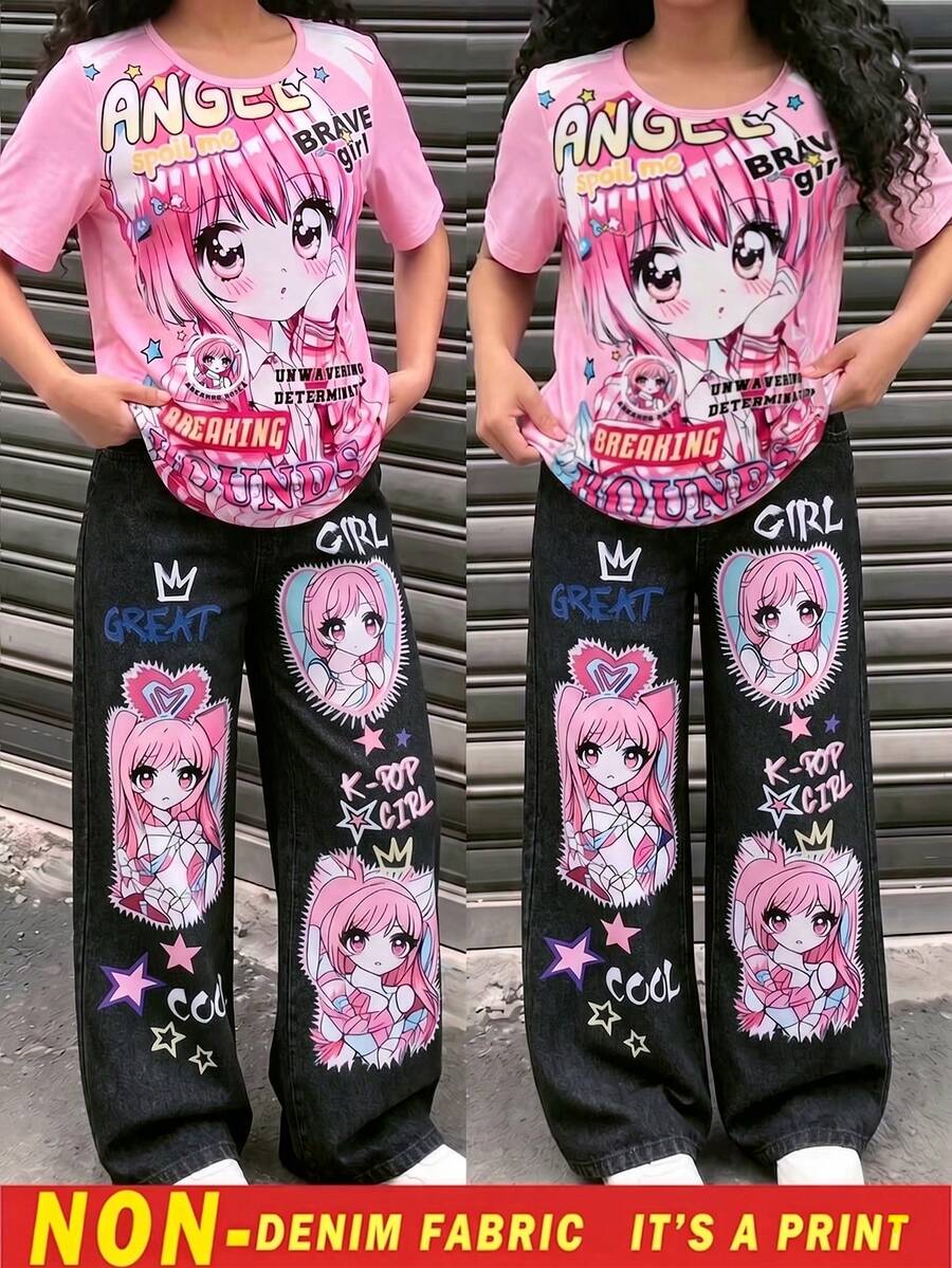 Genkimix Kids 青少年女孩 T-shirt 套裝,秋季、冬季,圖案,返校,學校,萬聖節,假期,休閒,穿搭,寬腿 - 彩色 - 查看 1