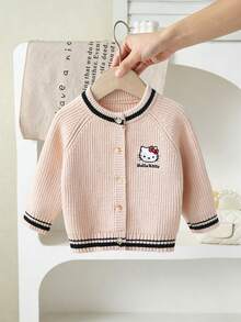 HELLO KITTY AND FRIENDS | SHEIN GraphicGems Baby Girls Cardigans Embroidered Top Design Black Apricot Knit Sweater Baby Clothes Comfortable Soft Sporty All-Match Versatile Sweet Cute Casual Minimalist Daily Suitable For Autumn Winter Travel Outing Party Outdoor Play Picnic School - Apricot - View 8
