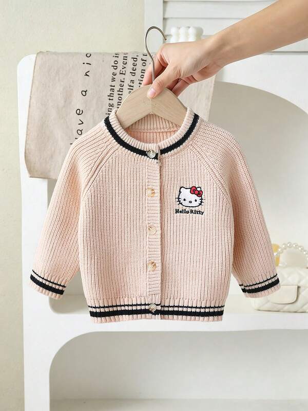 HELLO KITTY AND FRIENDS | SHEIN GraphicGems 女嬰針織開襟衫 刺繡上衣設計 黑色杏色 舒適柔軟 運動風 百搭甜美可愛 休閒簡約 日常款 適合秋冬旅行出遊派對戶外玩耍野餐上學