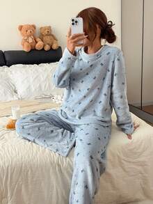 Napfluff Double-Sided Flannel Casual Polka Dot Bow Loose Fit Women's Pajama Set - Blue - View 6