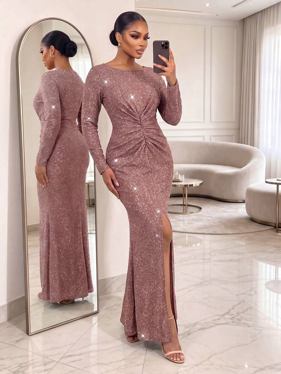 SHEIN Lady CURVE Plus Size Women's Round Neck Long Sleeve Pleated Shiny Split Hem Dress Fall - Khaki - View 1