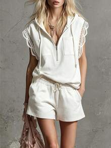 LUMIGAL Women Sporty White Zippered Lace-Trimmed Double-Pocket Sleeveless Hooded - White - View 1