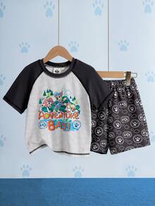 SHEIN | PAW Patrol Young Boy Colorblock Patchwork Cartoon Print T-Shirt And Shorts Set - Black - View 3