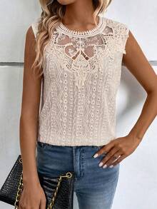 Glimmora Plus Size Women's Textured Lace Patchwork Simple Elegant Comfortable Spring Summer Fitted Tank Top - Apricot - View 5