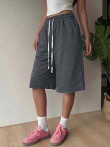 SHEIN EZwear 女士深灰色针织休闲宽松百慕大短裤，夏季 - 深灰色 - 查看 6