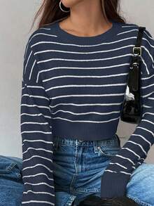 SHEIN Unity 女士条纹宽松休闲短款毛衣 - 藏蓝色 - 查看 5