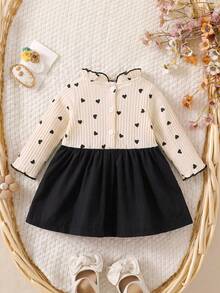 Girls' 2-Piece Style Heart Print Dress Fall Light Pink Ribbed Fabric With All-Over Little Black Hearts Ruffle Collar And Flutter Sleeves With Black Tr - Apricot - View 2