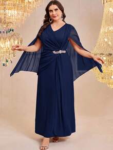 Reflora Plus Size Elegant Party Rhinestone Decorated Dress Fall - Navy Blue - View 10