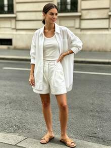 Trelyra Women's Loose Casual Shirt And Shorts 2 Pieces Set Daytime White Autumn - White - View 7