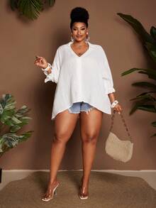 SHEIN CURVE+ Plus Size Elegant Casual Loose White Silky Blouse, Sommar Smart Women's Shirt With Lantern Sleeve Turndown Collar, Simple Vacation Business Summer - White - View 5