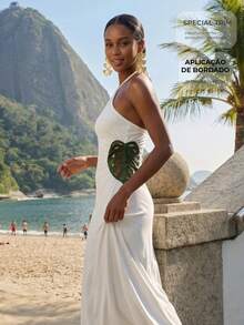 CAJUNI Vestido de vacaciones para mujer con bordado, calado, plisado, cuello halter y lazo en la cintura - Crema - Ver 1
