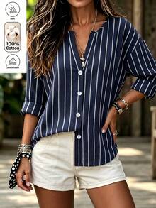 Holdful Holdful Women's Casual Striped Long Sleeve Shirt, Autumn - Navy Blue - View 6