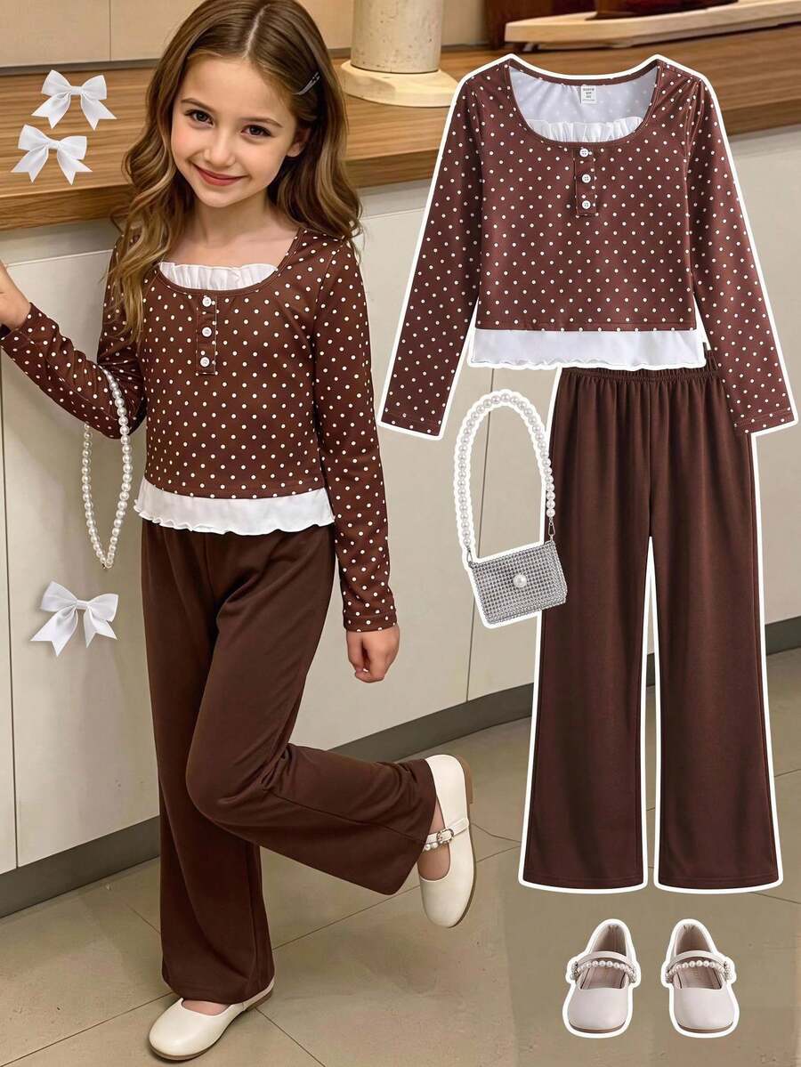 SHEIN Girls Round Neck Brown Polka Dot Long Sleeve Lace Trim Top With Pants, Fleece, Sweet Cute, Casual Comfortable, School, Winter Student Chocolate Brown - Brown - View 1