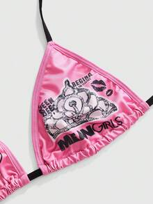 Mean Girls | ROMWE 趣味圖案綁帶三角罩杯內衣女款內衣 - 粉色 - 查看 3