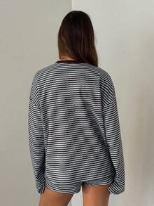 Aloruh Women's Striped Patchwork Long Sleeve Top And Shorts Casual Daily 2 Pieces Set - Multicolor - View 2