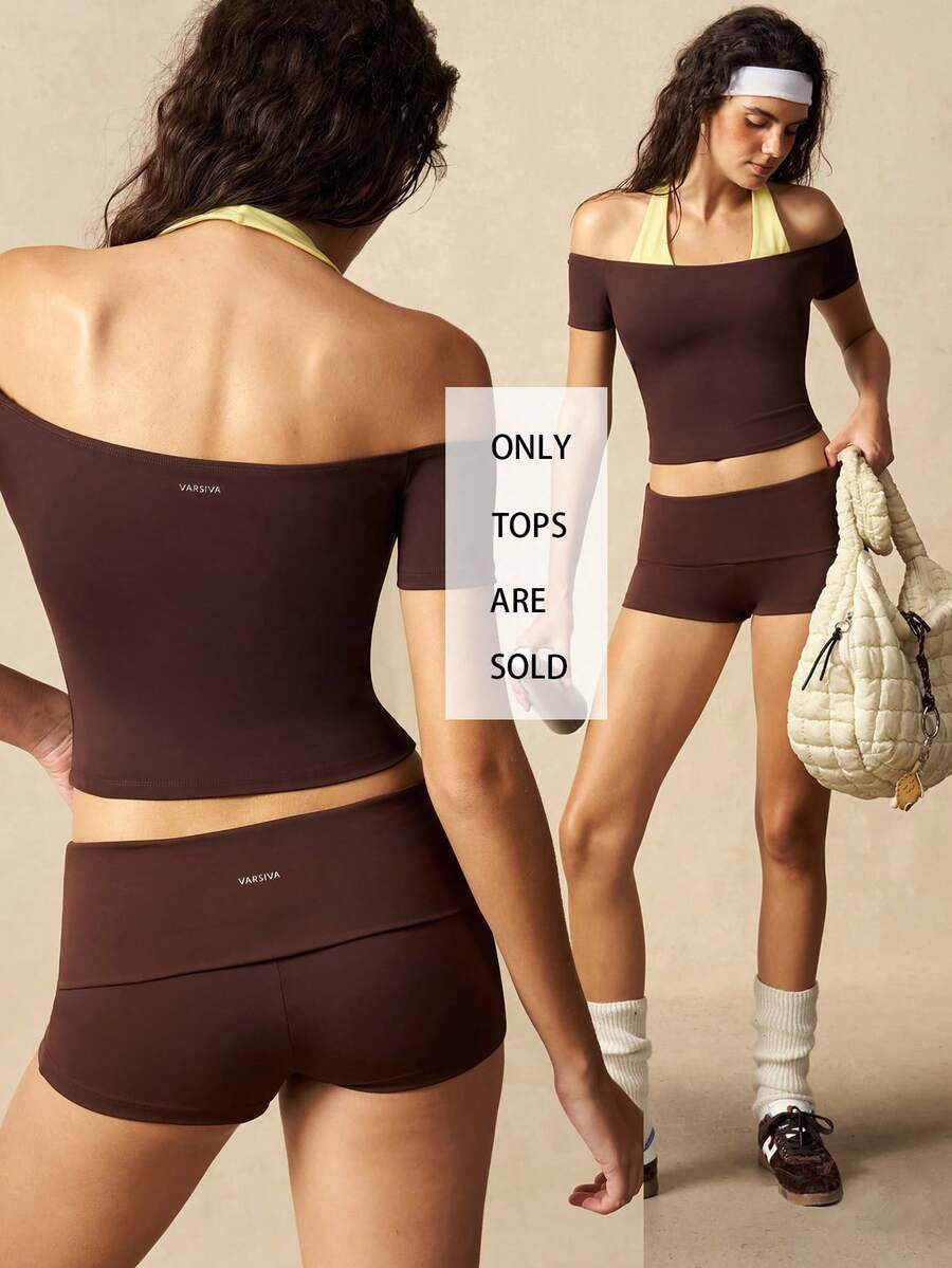 VARSIVA Colorblock Patchwork Off-Shoulder Halter Neck Sports T-Shirt