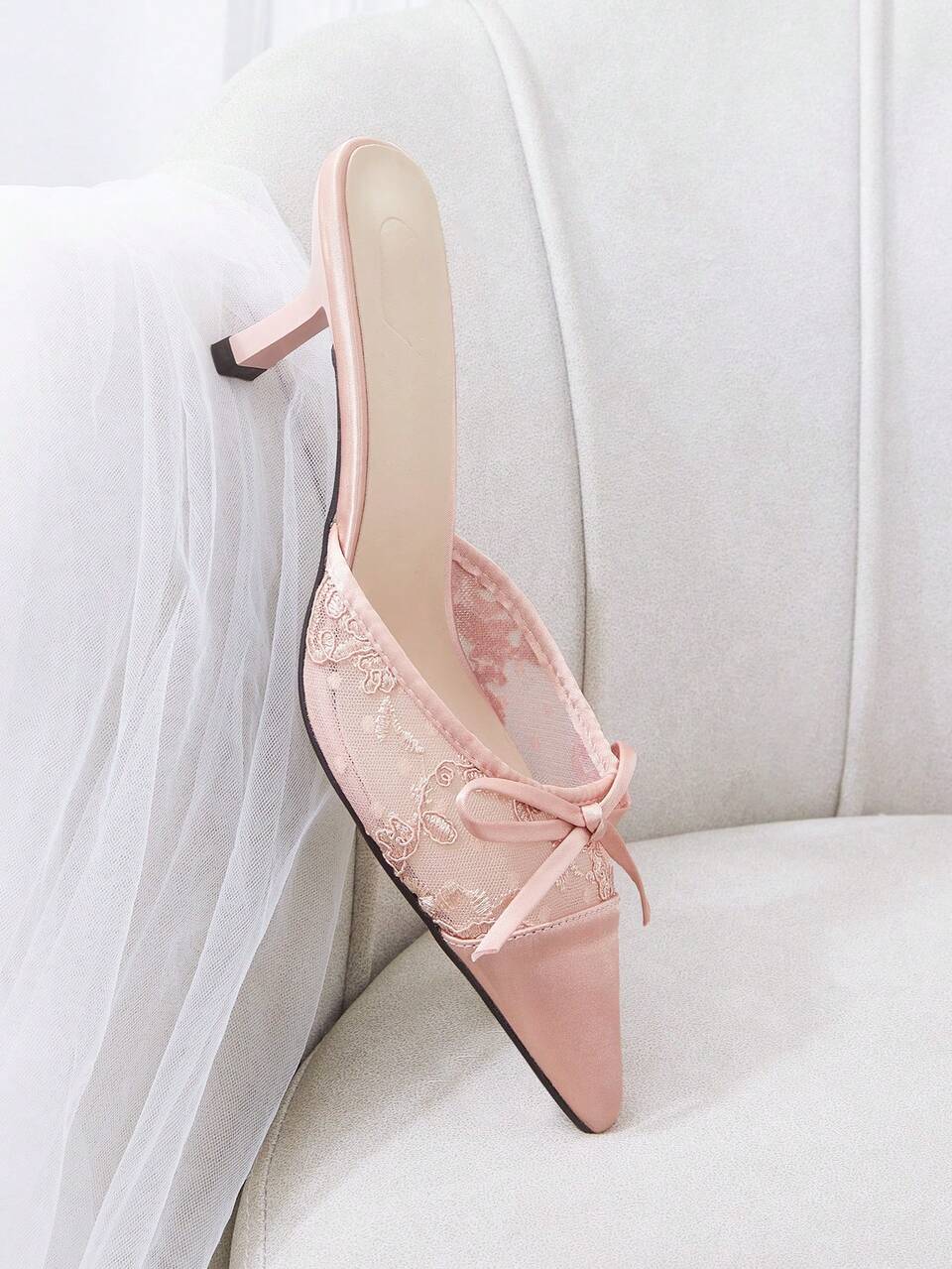 CUCCOO HITCHD Ladies' Fashion Pink Floral Mesh With Elegant Bow Pointed Toe Stiletto High Heel Shoes Spring Wedding Season Fall Shoes
