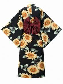 Irokai 日式傳統和服夏季祭典向日葵花卉圖案女款夏季改良兩件式浴衣套裝 - 黑色 - 查看 2