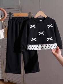 SHEIN Young Girl Korean Style Energetic Loose Black Sweatshirt 2 In 1 Bowknot Pattern 2-Piece Set - Black - View 10