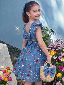 Emery Rose Kids 女童黃色格紋印花T恤度假風可愛度假洋裝 - 藍色 - 查看 9