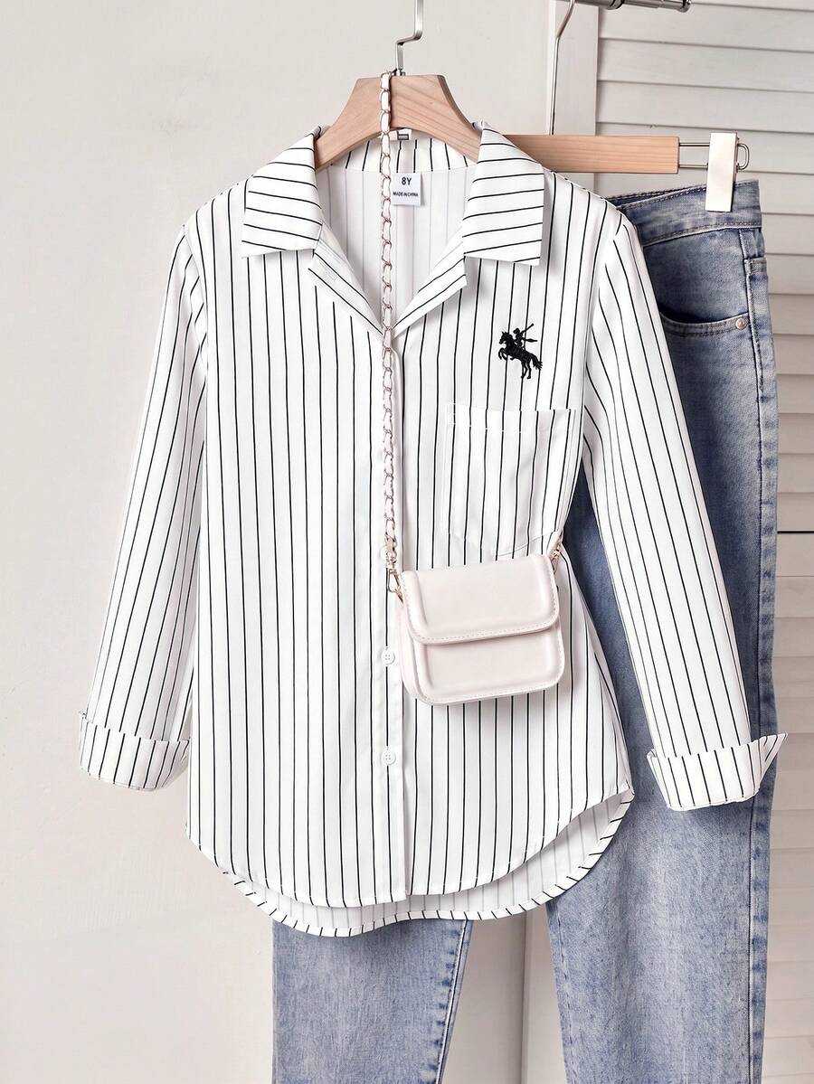Elladie kids Tween Girl Striped Sun Protection Shirt, Spring/Summer, Korean Style,Holiday,Summer,Travel - White - View 1