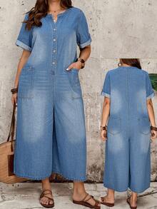 EMERY ROSE EMERY ROSE Plus Size Women's Button Half-Front Short Sleeve Wide Leg Denim Jumpsuit - Light Wash - View 1