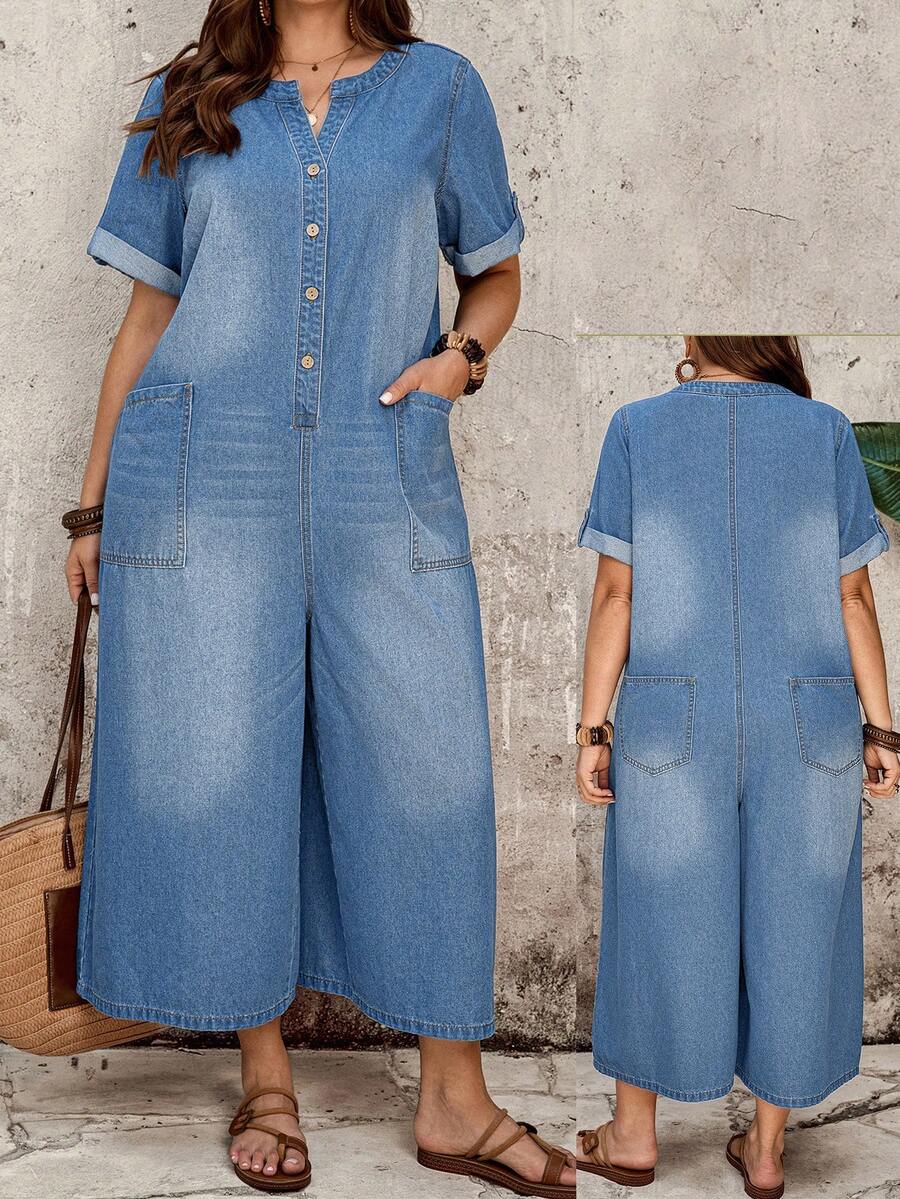EMERY ROSE EMERY ROSE Plus Size Women's Button Half-Front Short Sleeve Wide Leg Denim Jumpsuit - Light Wash - View 1