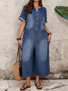 EMERY ROSE EMERY ROSE Plus Size Fashion Versatile Button Pocket Loose Denim Cropped Jumpsuit - Dark Wash - View 5