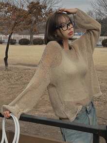 DAZY Women's Solid Color Loose Long Sleeve Crew Neck Thin Knit Sweater, Casual Vacation Spring/Autumn - Apricot - View 1