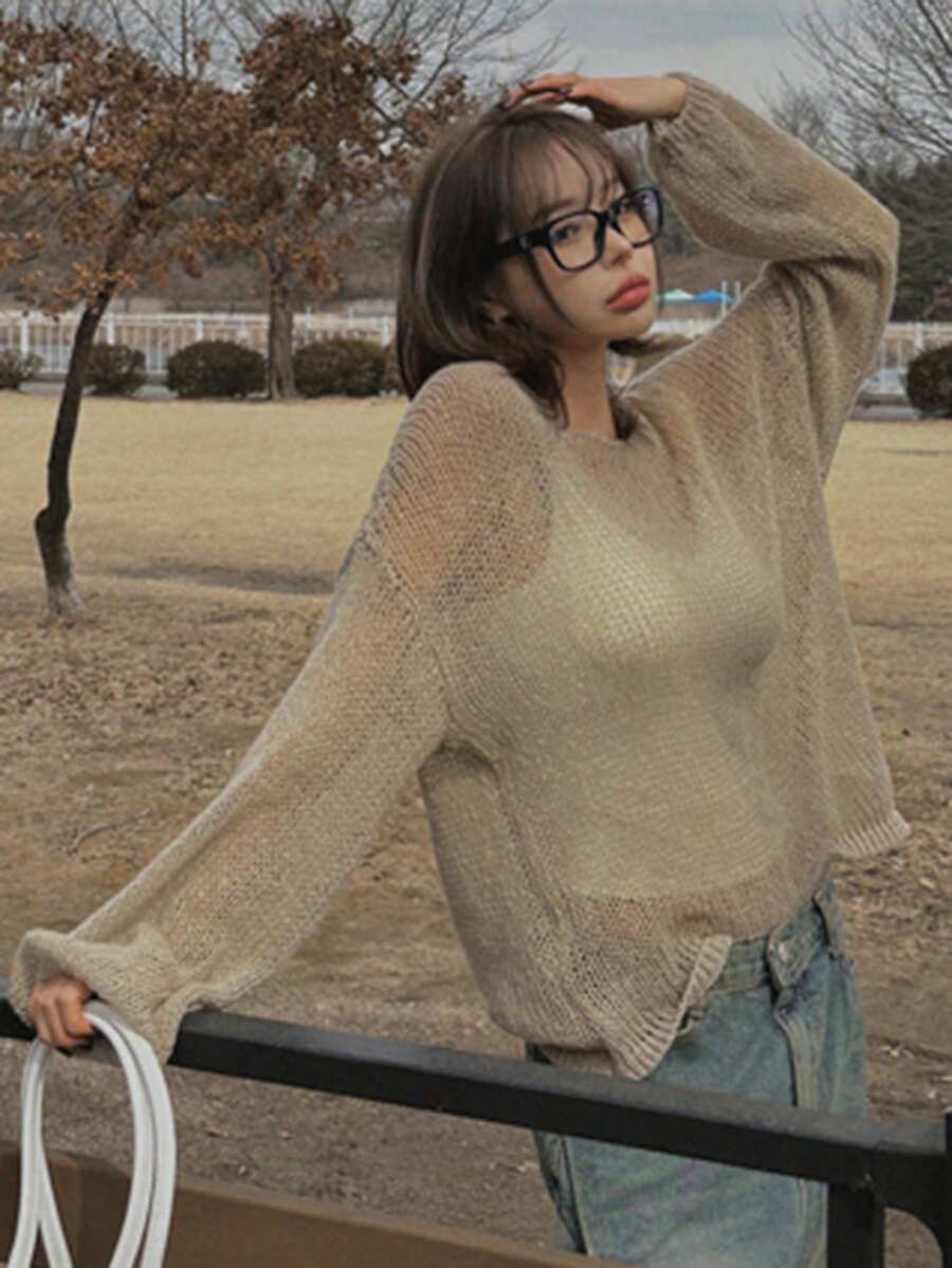 DAZY Women's Solid Color Loose Long Sleeve Crew Neck Thin Knit Sweater, Casual Vacation Spring/Autumn - Apricot - View 1