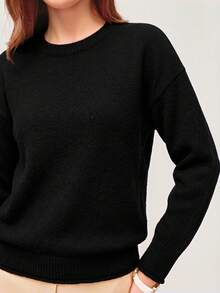 SHEIN Orluneo Women's Black Fall Winter Basic Casual Round Neck Pullover Sweater,Elegant Slouchy Loose Retro School Back-To-School Outdoor Commuting Fall Cloth - Black - View 5