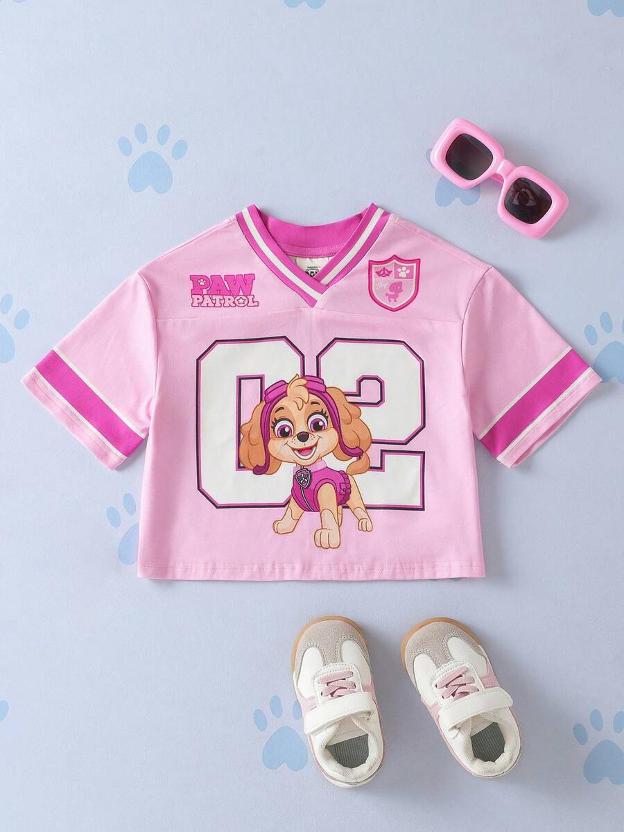 SHEIN | PAW Patrol Kaos Lengan Pendek Leher V Bergambar Kartun Anak Perempuan, - Berwarna merah muda - View 1
