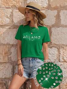 EMERY ROSE 女款标语“MILANO ITALY”字母印花T恤短袖休闲上衣 MILAN ITALY 图案T恤女款上衣 - 綠色 - 查看 3