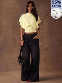 SHEIN BAE تي شيرت نسائي بأكمام خفاشية من القطن بنسبة 95% باللون الأصفر الكريمي - أصفر - مشاهدة 4