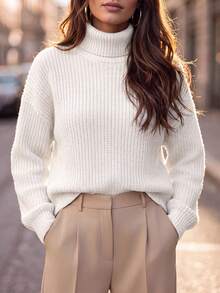 Balvessa Turtleneck Drop Shoulder Ribbed Knit Sweater,Long Sleeve Tops Knit Pullover Fall Winter Sweater - White - View 2