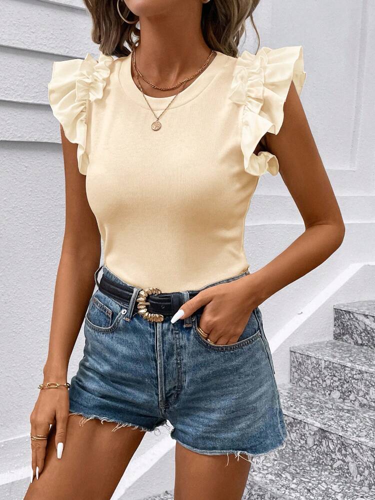 SHEIN Clasi Women's Summer Comfortable Cap Sleeve T-Shirt White Top - Apricot - View 3