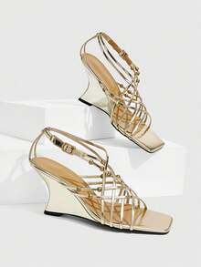 CUCCOO SZL Spring And Summer Rivet Braided Buckle Design Square Toe Slope Heel Light Luxury Gold Backspace High Heel Sandals Party Dinner Fall Shoes - Gold - View 1