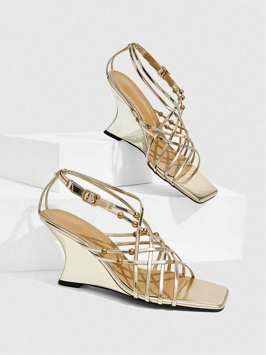 CUCCOO SZL Spring And Summer Rivet Braided Buckle Design Square Toe Slope Heel Light Luxury Gold Backspace High Heel Sandals Party Dinner Fall Shoes - Gold - View 1