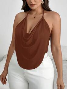SHEIN PETITE CURVE 大尺碼女款純色垂領性感時尚掛脖背心上衣 - 棕色 - 查看 4