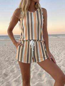 SHEIN LUNE Casual Women's Round Neck Tank Top And Shorts 2 Pieces Set Beach Beige Summer - Multicolor - View 5