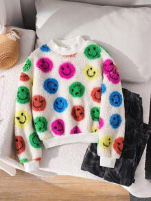 Emery Rose Kids Emery Rose Kids 兒童青少年女孩笑臉圖案長袖抓絨運動衫，笑臉印花套頭衫，休閒運動戶外優雅，笑臉圖案抓絨套頭衫 - 彩色 - 查看 9