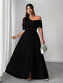 SHEIN PETITE CURVE 大码女式优雅浪漫婚礼宾客礼服，轻盈正式礼服，雪纺单肩开衩连衣裙 - 黑色 - 查看 3